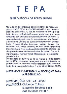 Inscrições para o Teatro Escola de Porto Alegre - TEPA