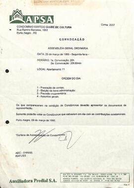 Ata de reunião do Condomínio Edifício Clube de Cultura - 20/03/1995