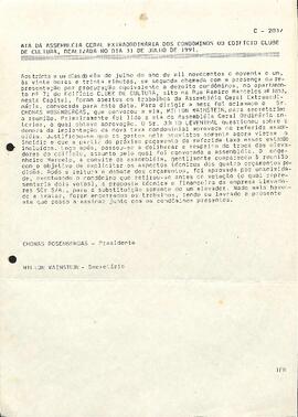 Ata de reunião do Condomínio Edifício Clube de Cultura - 31/07/1991